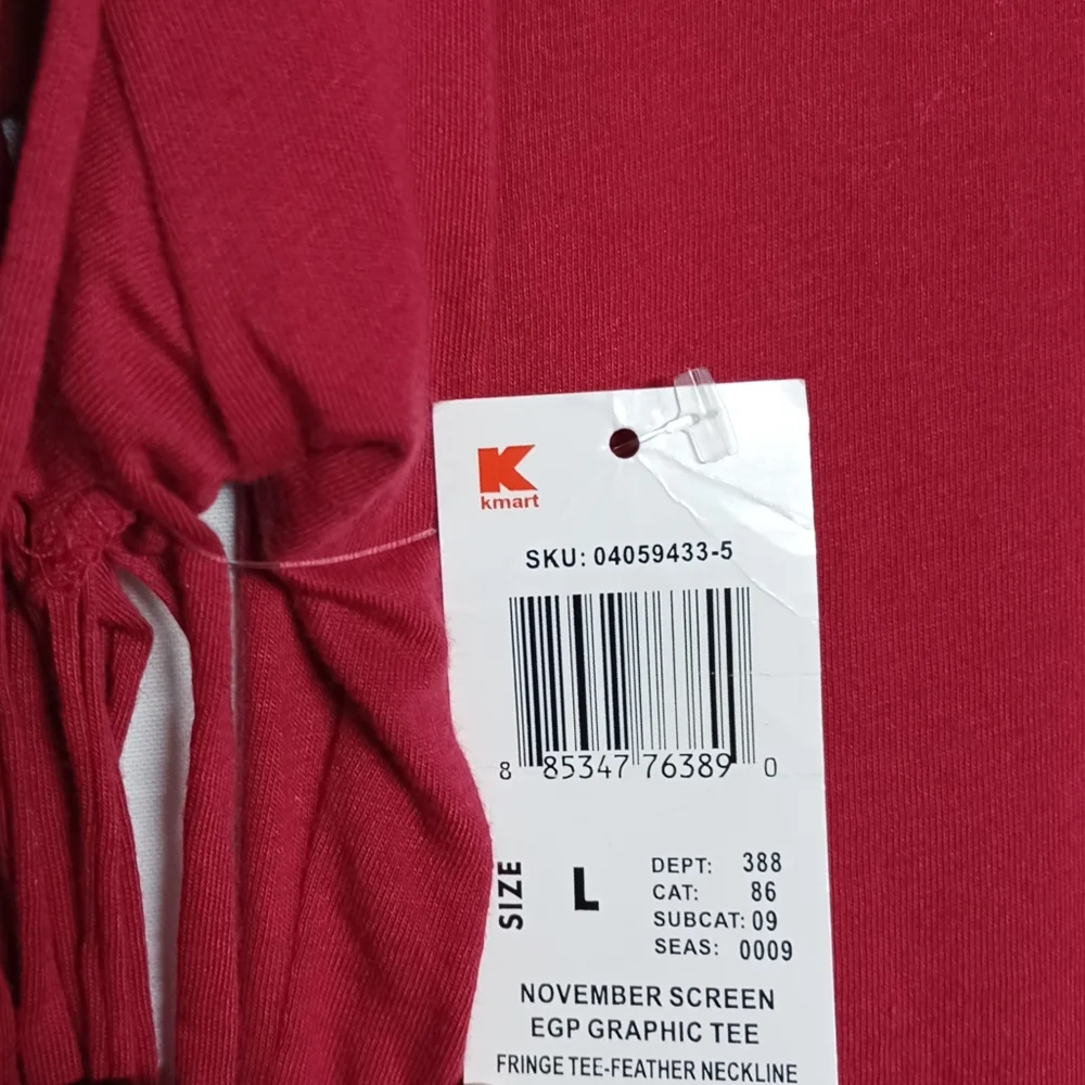 HYBRID Burgundy Red Black Silver Feather Print Fringe Short Sleeve Top Large NWT - Picture 4 of 7